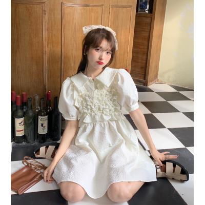 French solid color lapel three-dimensional pleated flower bubble sleeve dress Women's summer 2022 new high-waisted princ