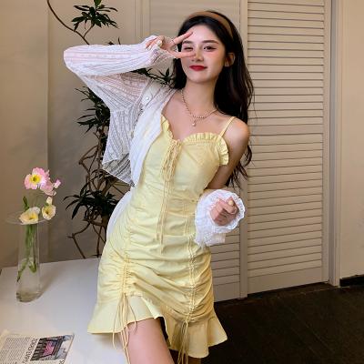 Drawstring halter skirt summer 2022 New Korean version waist slimming solid color drape dress skirt for women