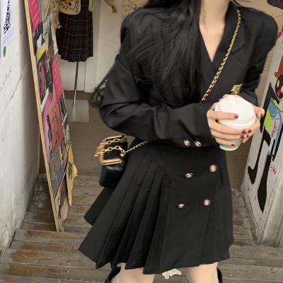 College style waist show thin 100 pleats double breasted small small dress dress women