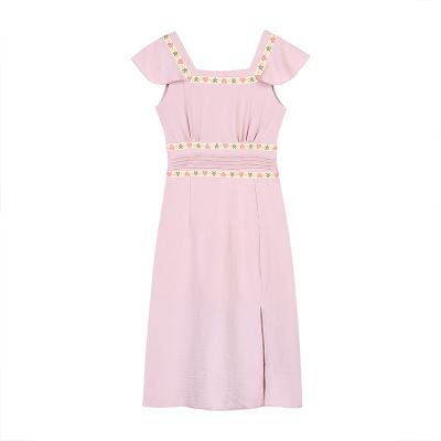 Pink square collar dress female summer 2022 new French first love design sense small temperament slim skirt