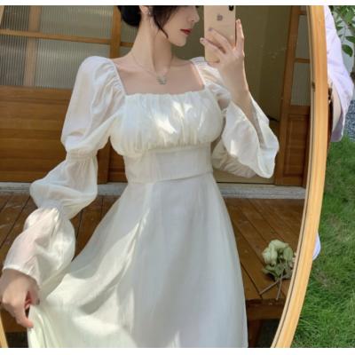 Square collar dress female summer temperament bubble sleeve fairy skirt bare back tie bowknot long skirt