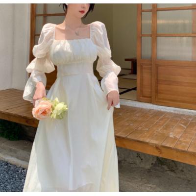 Square collar dress female summer temperament bubble sleeve fairy skirt bare back tie bowknot long skirt