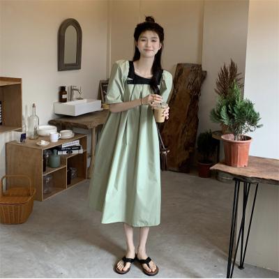 In 2022, the new Korean version of the long dress with square collar is thin and short sleeve skirt is versatile for stu