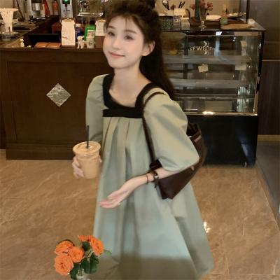 In 2022, the new Korean version of the long dress with square collar is thin and short sleeve skirt is versatile for stu