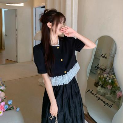 Small fragrance black bubble sleeve shirt women's summer