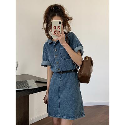 2022 new mini denim dress female retro Hong Kong flavor casual INS short sleeve skirt