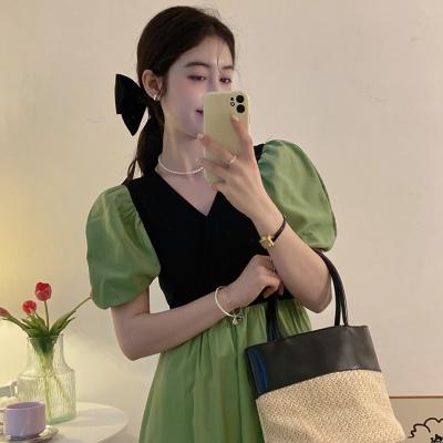 Fake two v-neck bubble sleeve dresses for women